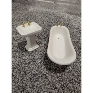 Vintage Dollhouse Miniature Porcelain Ceramic Pedestal Sink Clawfoot Tub White
